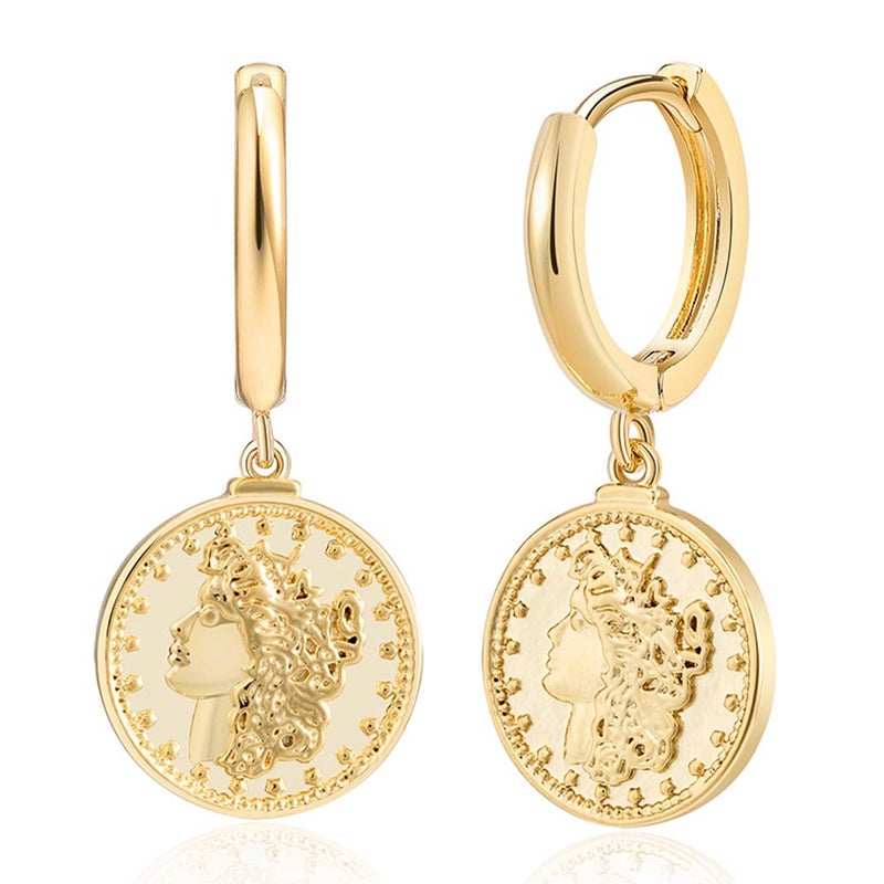 SANNYRA Gold Coin Earrings, 14K Gold Plated Brass Hoop Earrings, Dangle Design, Perfect for Various Occasions - Image 1